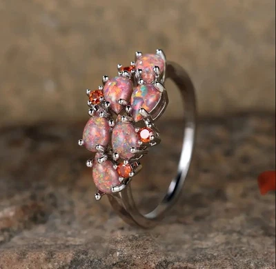Fire Opal Cluster Style Silver Size 6 Ring Women’s - Image 1 of 3