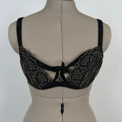 Aubade Paris 黑色金色透明阳台文胸 32 D 花卉刺绣钢圈 — 第 1/4 张图片