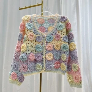 Autumn Womens Crochet Hollow Colorful Out Flower Knitted Cardigan Sweater Jacket - Picture 1 of 11
