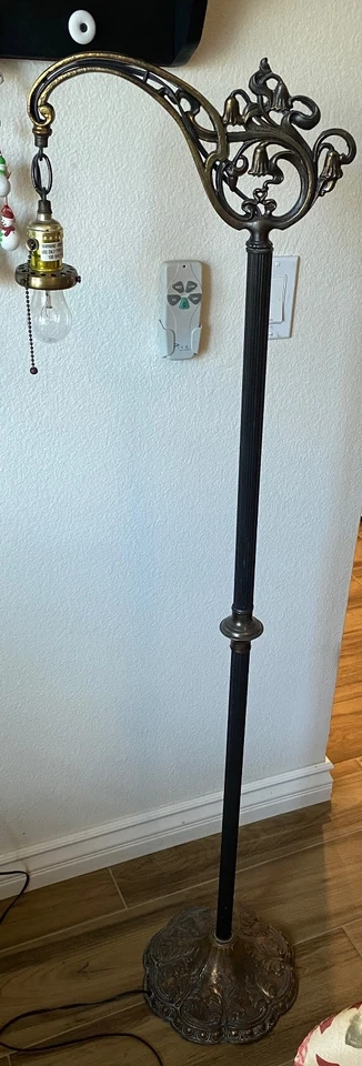 Antique Victorian Art Nouveau Gothic Brass Wrought Iron BridgeArm Floor Lamp - Image 1 of 4