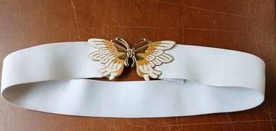 Cinturón elástico con hebilla de mariposa esmaltada en tono dorado blanco 2" intercambiable para mujer Foto 1 de 4
