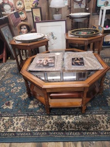 Mid-Century Modern Walnut OCTAGON Glass Top  Coffee Table + 2  Ends PICKUP ONLY  - Picture 1 of 5