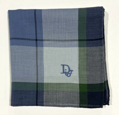 Handkerchief Man Christian Dior Plaid Striped Gray Blue Pocket Square Cotton 18” - Image 1 of 4