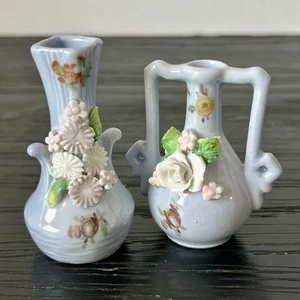 VTG Elfinware Miniature Porcelain Vases 2 Pieces w/Applied Flowers Germany - Picture 1 of 14
