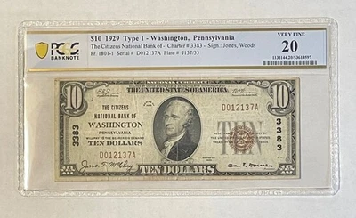 U.S. (Washington, PA) 1929 $10.00 National Currency Banknote (PCGS Very Fine 20) - Image 1 of 2