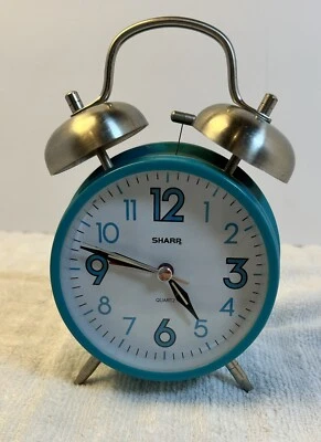 Sharp Twin Bell Alarm Clock Quartz Blue Aqua Turquoise Loud Alarm Retro Tested - Image 1 of 4