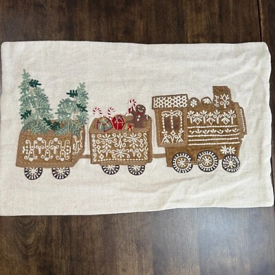 POTTERY BARN GINGERBREAD TRAIN EMBROIDERED LUMBAR PILLOW COVER 16 x 26" - Image 1 of 4