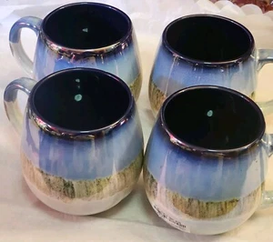 Set of 4 Meritage Blue Luster Reactive Glaze Stoneware Iridescent Mugs Large - Picture 1 of 6