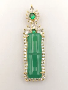 Real Green Chalcedony Jade Bamboo 18KGP Cubic zirconia Flower Pendant Necklace - Picture 1 of 16