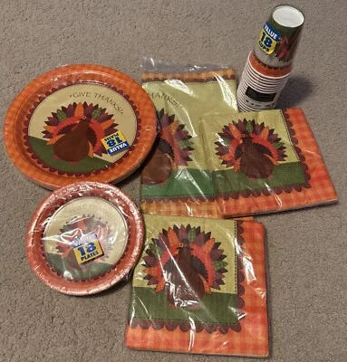 vintage thanksgiving paper plates, napkins, cups, tablecloth, dessert plates new - Image 1 of 4