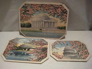 Vintage 3 sizes Washington DC Cherry Blossom Foil Back Trivets Hot Pads Mats  - Picture 1 of 7