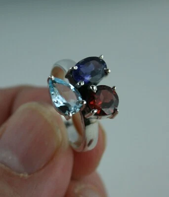 Sterling Silber Ring mit Edelsteinen Größe 53 natürlicher Granat Topas Iolit - Bild 1 von 3