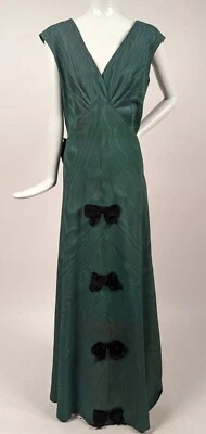 1930’S GREEN MOIRE TAFFETA LONG DRESS W SILK BOW TRIMS + REAR TRAIN - Image 1 of 4