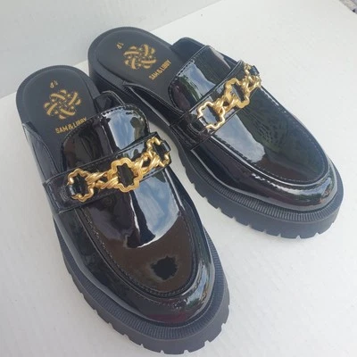 Sam & Libby Black Patent Leather & Gold Chain Loafers Lug Sole Mule Loafers 8.5 - Image 1 of 4