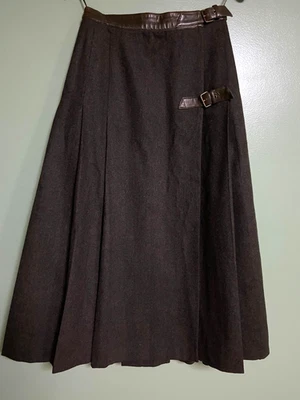 ESCADA VINTAGE MID CALF PLEATED SKIRT WOOL IN GRAY LEATHER BELTS 36 WEST GERMANY - Image 1 of 4