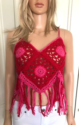 Nuevo Top Boho de Verano Crochet a Mano Talla S Rojo y Rosa, Dobladillo con Flecos, Correa de Espagueti Foto 1 de 4