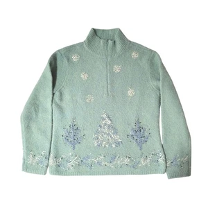 Talbots Petite P Embroidered Snowflake Tree Holiday Sweater Sequin 1/4 Zip - Picture 1 of 11