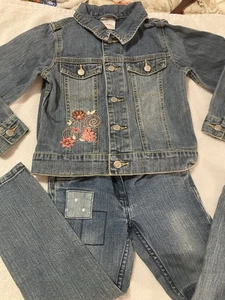 Hanna Anderson Denim Jacket & Jeans Girls Size 110 Embroidered Flowers - Picture 1 of 17