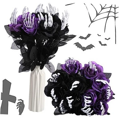  12 Pcs Halloween Black Faux Rose Artificial Flowers with Skull Skeleton Hand  - Image 1 of 4