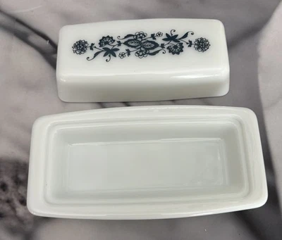 PYREX Butter Dish With Lid 82-B White With Navy Florals 7” X 3” Old Town Blue - Image 1 of 4
