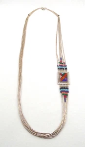 VTG Native Sterling Liquid Silver Necklace Multi Colored Stones Framed 26” long - Picture 1 of 12