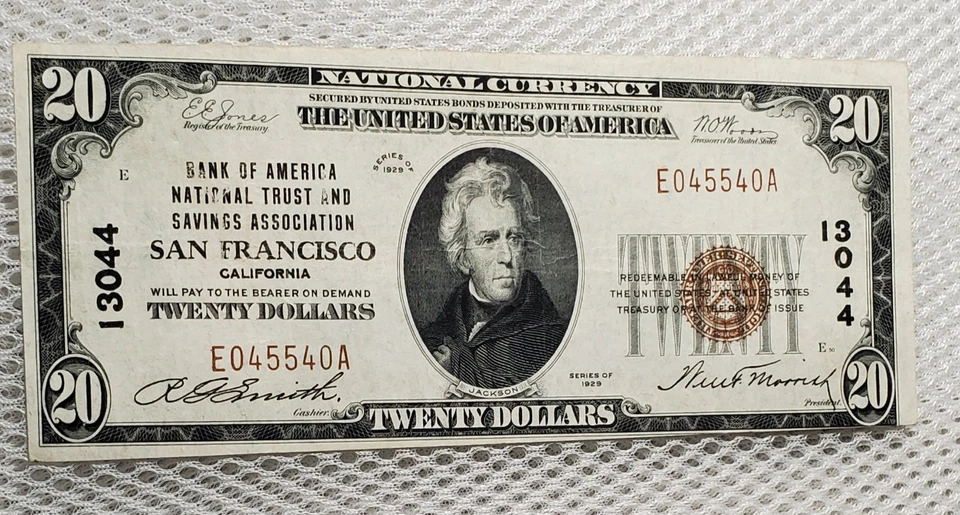 Billete de 20 dólares 1929 moneda nacional sello marrón serie radar de San Francisco, CA # Foto 1 de 4