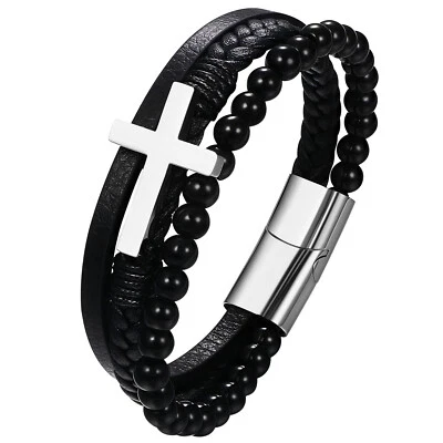 Pulsera Cruz Multicapa Cuero Acero Inoxidable Hombre Cuentas Cierre Magnético Foto 1 de 4