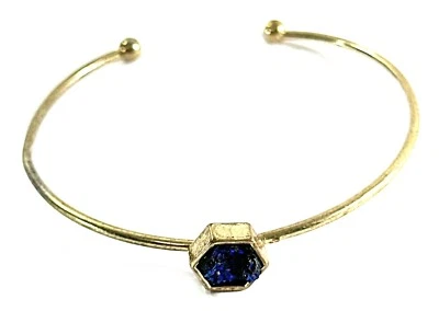 Brass Tone Bangle Bracelet W/Blue Drusy Quartz Stone Adjustable - Image 1 of 4