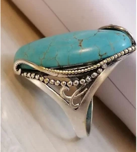Vintage Silver 925 Ring Size 18.5 Natural Large Turquoise Beauty Mark Jewelry - Picture 1 of 9