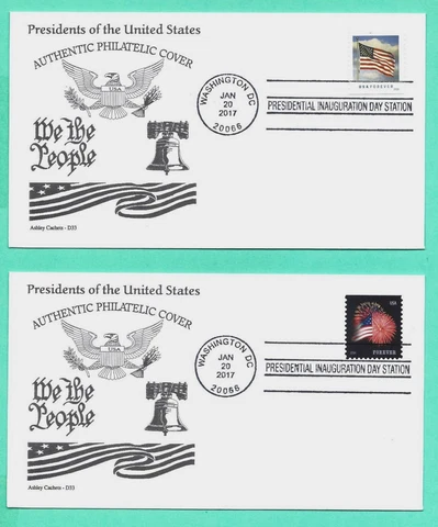 DONALD TRUMP 2017 INAUGURATION COVER SET/2 W/FLAG-FIREWORKS STAMPS,ASHLEY CACHET Cover