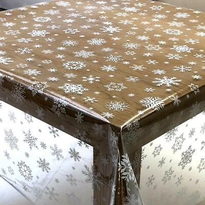 Christmas White Snowflakes Clear Plastic Transparent PVC Vinyl Table cloth - Image 1 of 4
