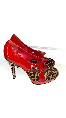 Betsey Johnson Y2K 红色漆皮/动物印花高跟鞋 7.5 码  — 第 1/4 张图片