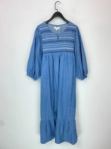 Julipa Blue Embroidered Denim Look Smock Dress Midi 3/4 Sleeve Pockets Size 12 - Picture 1 of 12