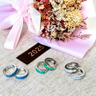 Paquete de 3 pendientes de aro de ópalo - plata de ley - oro de 18 k - aros Huggie Foto 1 de 4