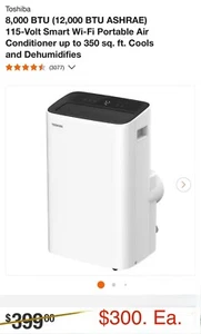 Toshiba 8,000 BTU Smart Wi-Fi Portable Air Conditioner up to 350 sq. ft.  - NEW - Picture 1 of 9