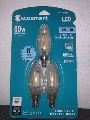 3 EcoSmart 60-Watt Clear Daylight White B11 Blunt Tip LEDs w/Candelabra Base  - Image 1 of 2