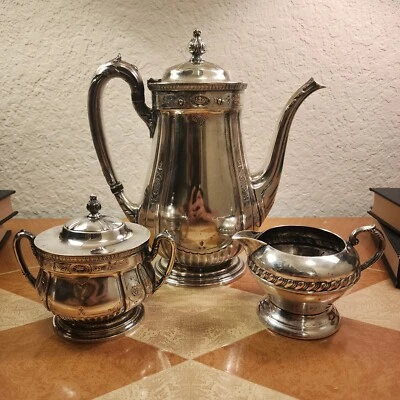 Juego de cafetera Reed & Barton 4072 con placa de plata decoración artística crema azúcar de colección Foto 1 de 4