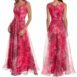 Rene Ruiz Sleeveless V-Neck Organza Gown Maxi Dress in Pink Multi Floral Size 14 - Picture 1 of 16