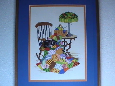 Black Cat Needlepoint Embroidery Cross Stitch 1970s  Quilt Tiffany Completed - Image 1 of 4