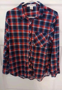 Love Potion Red White Blue Plaid Button Down Long Sleeve Women's Shirt Size 1X  - Picture 1 of 6
