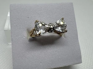 10k Solid Yellow Gold Natural White Topaz and Diamond Bow-Tie Ring Size 5 - Picture 1 of 16
