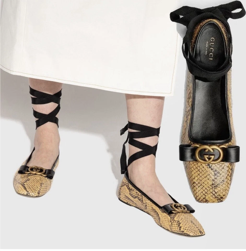 $1089 ZAPATOS PLANOS GUCCI PHYTON BAILARINA NEGROS CON CORDONES 37 Foto 1 de 4