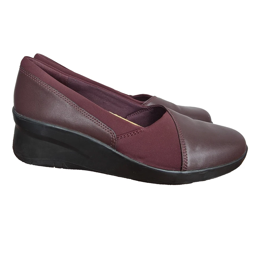 Zapatos de cuña Clarks para mujer 9,5 M Suttyn de cuero borgoña sin cordones zapatos cómodos Foto 1 de 4
