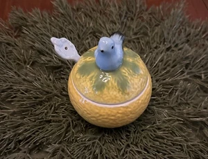 Anthropologie Blue Bird Sugar Bowl Dish Yellow Grapefruit Jam Jar & Spoon - Picture 1 of 13