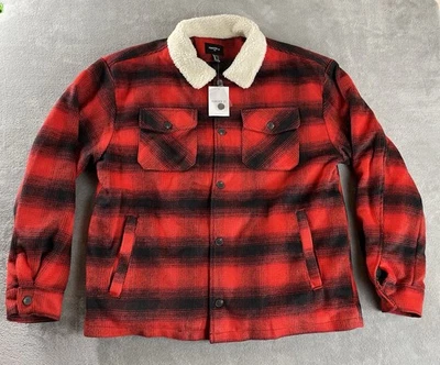 Forever 21 Me’s Trucker Jacket Large Red Black Buffalo Plaid Polyester Blend NEW - Image 1 of 4