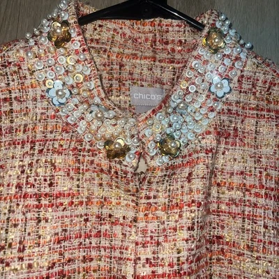 Chico's Size 4 Tweed Red Orange Tan Embellished Jacket Blazer Sz XXL - Image 1 of 4