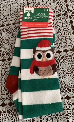 Calcetines hasta la rodilla diseño búho casa de Navidad talla 5 a 9 verde blanco rojo nuevos con etiquetas Foto 1 de 4