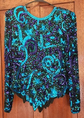 Top de lentejuelas con cuentas Laurence Kazar vintage de los años 80 talla L azul/púrpura/verde Foto 1 de 4