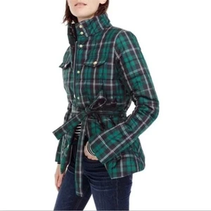 New J.Crew Green Plaid Puffer Coat Belted Fall Puffer Jacket Small - Picture 1 of 7