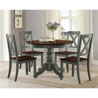 Round 5 Piece Wood Dining Set Rustic Farmhouse Kitchen 42" Table 4 Chairs Sage - Image 1 of 4